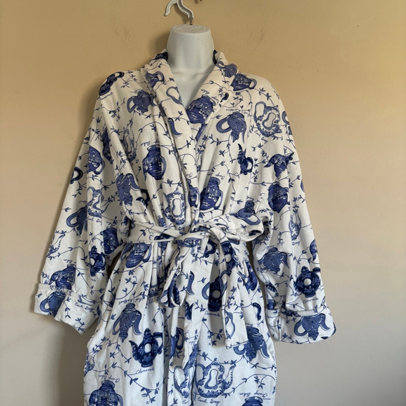 RARE Victoria's Secret Gold Label 80s Vintage White Blue Teapot Print Robe OS - Picture 3 of 16